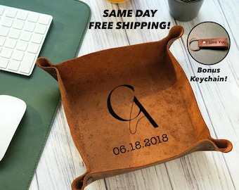 Anniversary Gifts for Him, Leather Valet Tray, Personalized leather catch all valet tray gift for man him her husband wife, Gift for Him