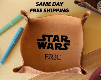 Personalized S Wars Inspired Leather Valet Tray, Engraved Leather Catch All Tray, Star W Lover Wedding Gift, Christmas Gift for Husband Him