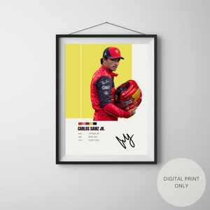 Carlos Sainz, Fórmula 1, piloto de corrida, Ferrari, pôster esportivo, arte de parede minimalista, 3 tamanhos oferecidos