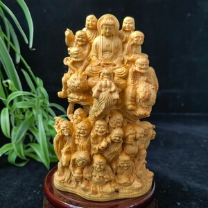 Tibet Wooden buddha statue, Vintage Hand Carved Wood 18 Buddhas figurine, Meditation Zen Decor wood carving Collectible tara Prayer PSY33C4