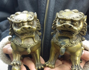 A pair of Copper Statue fu gog lion Nanimal Lucky Brass Home Desk Ornament Decor Miniature Feng shui Tea Pet Antique  Serene Figurine gift