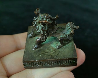Aisa Ancient Copper lion  Seal, Brass Dynasty Palace fu dog Statue Stamp Signet Taoism New Year of Dragon Zodiac, Attract Positive Energy