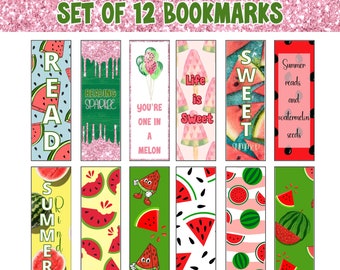 Set of 12 Summer Bookmarks, Watermelon Bookmarks, Digital Bookmarks for Instant Download