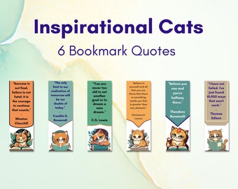 Set of 6 Inspirational Bookmarks, Cat Bookmarks, Digital Bookmarks for Instant Download