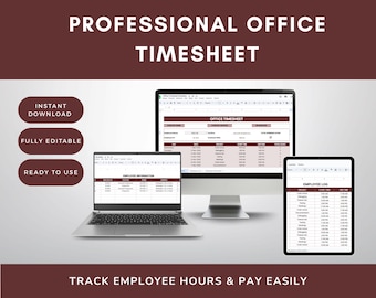 Könnte beinhalten: Eine digitale Zeiterfassungsvorlage, die auf einem Laptop, einem Desktop-Monitor und einem Tablet angezeigt wird. Der Text lautet "Professional Office Timesheet" und "Track Employee Hours & Pay Easily". Die Vorlage ist vollständig editierbar und sofort einsatzbereit.