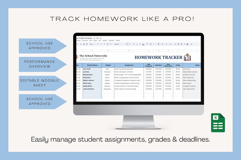 Homework Tracker Google Sheets Template | Assignment Tracker for ...