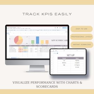 May include: A computer monitor and tablet displaying a KPI scorecard template. The monitor shows charts and graphs with the text "KPI Scorecard". The tablet displays a setup table. Text on the image reads "Track KPIs Easily" and "Visualize Performance with Charts & Scorecards".