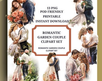 Watercolor Love Clipart Bundle | 13 Romantic Couple PNG | Floral Garden Clipart