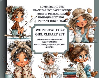 Cozy Girl Clipart, Whimsical Hand-Drawn PNG Illustrations (Digital Download
