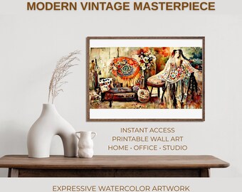 Vintage Boho Abstract Watercolor Print, Maximalist Gallery Wall Art (Digital Download)