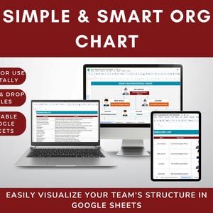 May include: A digital organizational chart displayed on a laptop, desktop monitor, and tablet. The text reads "SIMPLE & SMART ORG CHART" and "EASILY VISUALIZE YOUR TEAM'S STRUCTURE IN GOOGLE SHEETS."