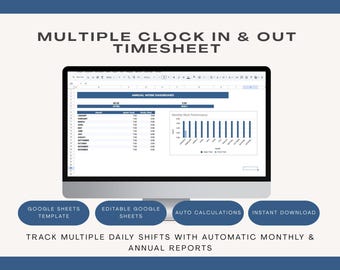 Google Sheets Timesheet, Multiple Clock In Out Tracker, Payroll Spreadsheet (Digital Download)