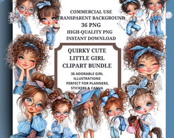 Girl Clipart Bundle, Whimsical PNG Illustrations (36 Files) (Digital Download