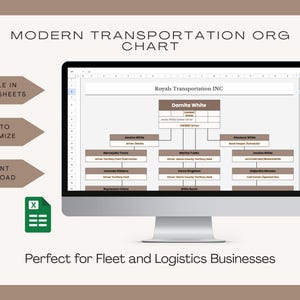May include: A computer monitor displays a modern transportation org chart. The chart is editable in Google Sheets, easy to customize, and available for instant download. The chart is perfect for fleet and logistics businesses.
