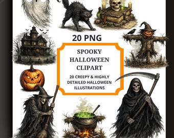 20 Spooky Halloween Clipart Bundle, Gothic Horror PNG (Digital Download)