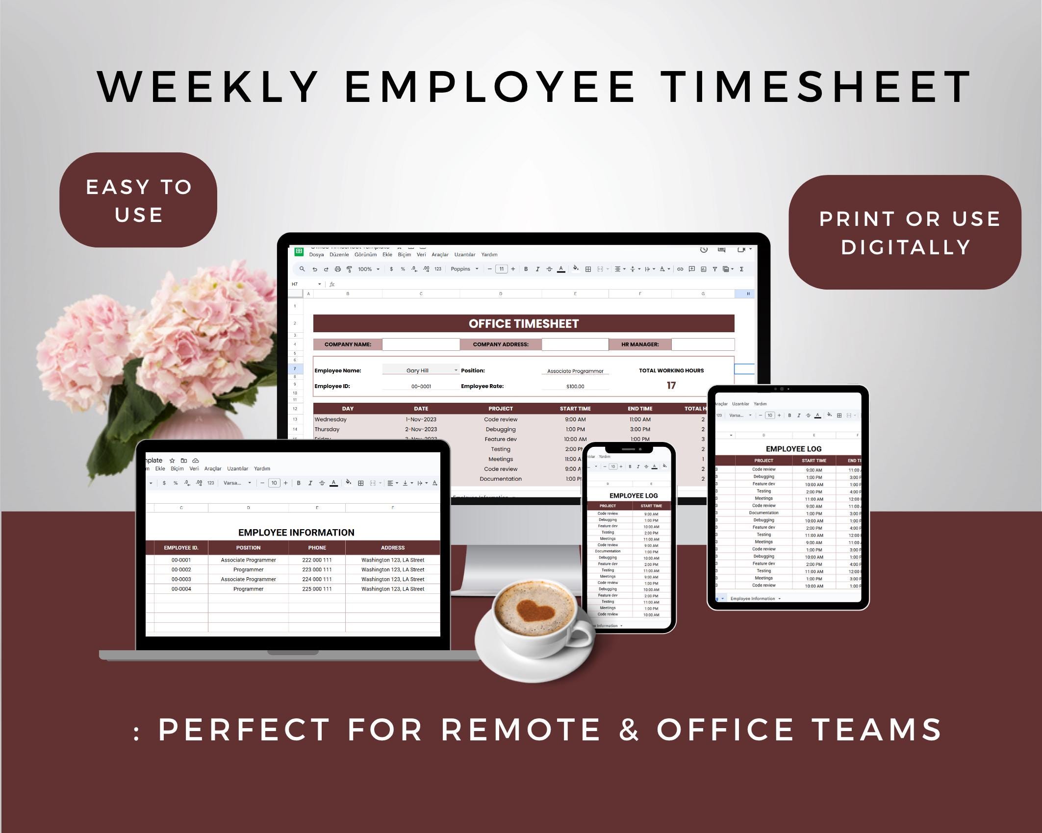Employee Timesheet Template | Google Sheets & Excel | Track Hours, Pay ...