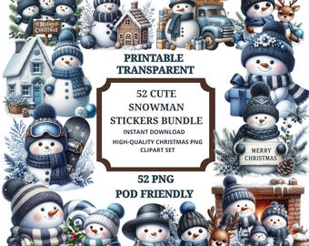 52 Snowman PNG Bundle, Christmas Clipart Set, Winter Snowman Stickers, Sublimation Graphics, , Digital Download