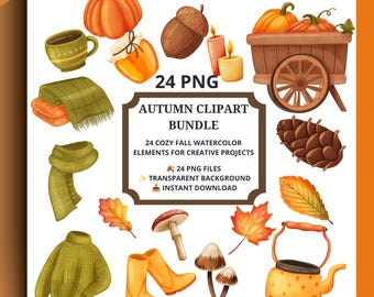 Cozy Autumn Watercolor Clipart Bundle, Fall PNG Graphics (Instant Download)