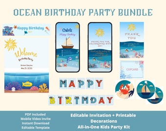 Ocean Birthday Invitation Bundle, Under the Sea Party Kit (Digital Download)