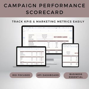May include: A digital marketing campaign performance scorecard displayed on a desktop computer, laptop, and tablet. The text reads "Campaign Performance Scorecard" and "Track KPIs & Marketing Metrics Easily". The image also includes the text "ROI Focused", "KPI Dashboard", and "Business Essential".