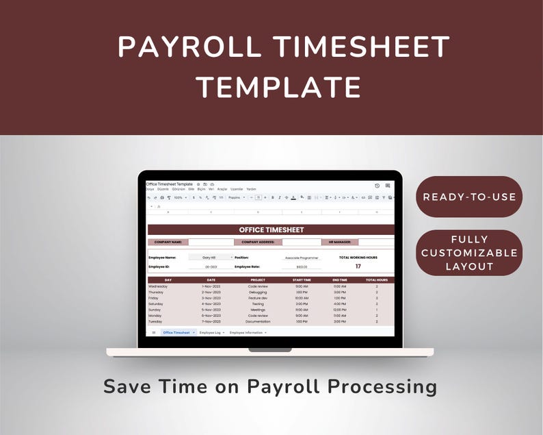 Employee Timesheet Template | Google Sheets & Excel | Track Hours, Pay ...