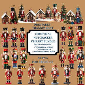 Op de afbeelding: Een verzameling kerstnotenkraker-clipart in verschillende poses en kleuren, waaronder rood, blauw en groen. De afbeelding bevat ook kleine decoratieve huisjes en kerstbomen. Tekst op de afbeelding luidt "Christmas Nutcracker Clipart Bundle".