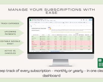 Subscription Tracker Google Sheets | Monthly & Yearly Payment Organizer | Digital Expense Tracker Template
