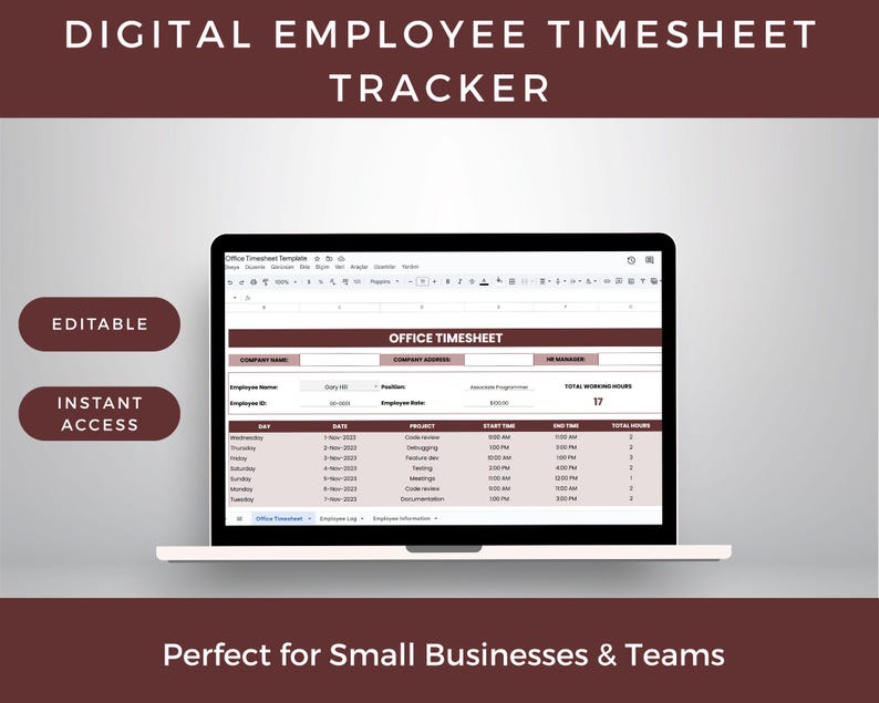 Employee Timesheet Template | Google Sheets & Excel | Track Hours, Pay ...