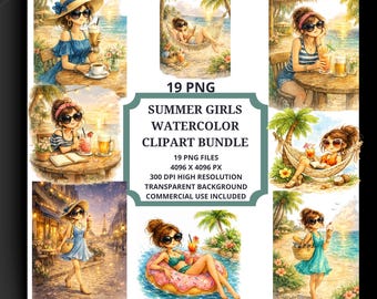 Summer Girls Watercolor Clipart Bundle, Beach Vacation Fashion PNG (Digital Download)