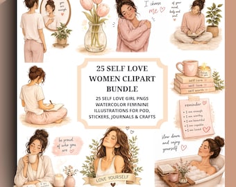 Self Love Women Clipart Bundle, Watercolor Feminine Illustrations (Digital Download)