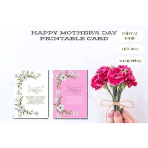 Pacote de cartões para impressão de Dia das Mães – Carta editável para a mãe – Versões rosa e branca – Download instantâneo