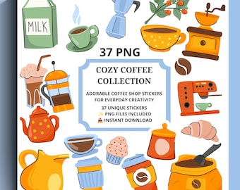 Cozy Coffee Shop PNG Stickers, 37 Clipart Files (Instant Download)