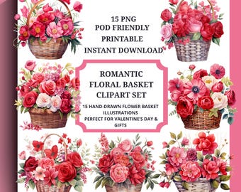 Floral Basket Clipart Set, Vintage Flower PNG (Digital Download)