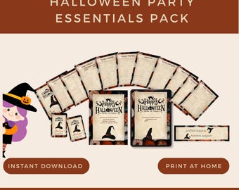 May include: A Halloween Party Essentials Pack with various printable items. The pack includes invitations, menu cards, and activity sheets. The design features a witch hat and pumpkin graphics, with the text "Happy Halloween". The pack is available for instant download and print at home.