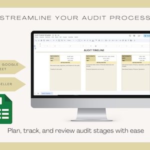 Può includere: Un monitor di computer mostra un modello di cronologia di audit. Lo schermo mostra un foglio di calcolo con colonne per partecipanti, date e dettagli. Il testo sullo schermo recita "Streamline Your Audit Process" e "Plan, track, and review audit stages with ease."