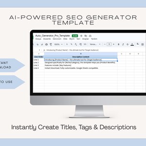 Puede incluir: Un monitor de ordenador muestra una plantilla de hoja de cálculo para un generador de SEO con tecnología de IA. La pantalla muestra texto que incluye "Introducing [Product Name]" y "Designed specifically for [Niche/Category]." La imagen también incluye el texto "Instant Download" y "Easy to Use."