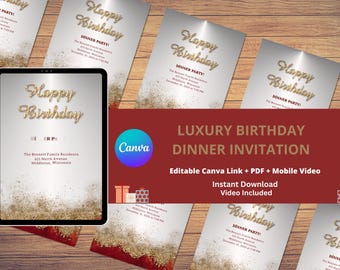 Luxury Birthday Dinner Invitation, Gold Glitter, Editable Canva Template (Video Included)