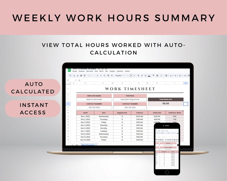 Google Sheets Work Timesheet Template: Employee Hour Tracker (printable ...