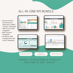 May include: An all-in-one KPI bundle graphic with four tablet screens displaying financial data charts and graphs. The text includes "ALL-IN-ONE KPI BUNDLE", "FINANCE, SCORECARDS & PRODUCT TRACKING IN ONE TOOLKIT", and "BUSINESS READY".