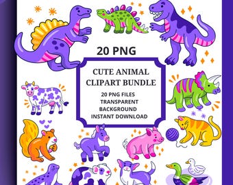 Cartoon Animal Clipart Bundle, 20 PNG Files, Kids Nursery Graphics (Digital Download)