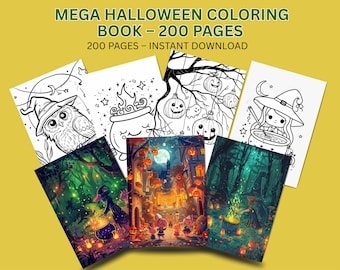 Może przedstawiać: Zbiór stron do kolorowania o tematyce Halloween. Obraz przedstawia różne wzory, w tym sowę w kapeluszu czarownicy, kocioł i scenę nawiedzonego miasteczka. Tekst brzmi "MEGA HALLOWEEN COLORING BOOK - 200 PAGES" i "SPOOKY & CUTE DESIGNS".