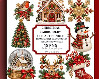 Christmas Embroidery Clipart Bundle, 15 Festive PNG Designs (Digital Download)