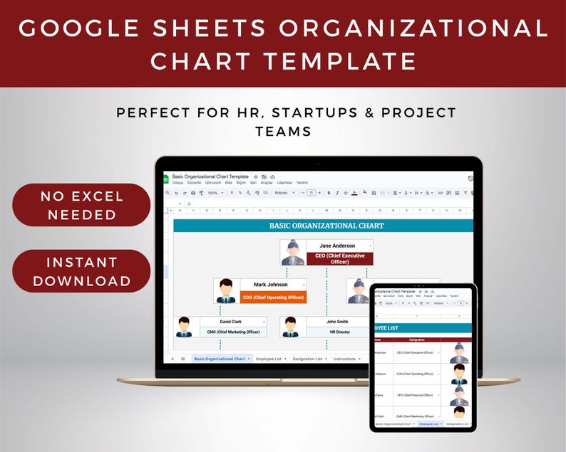 Organizational Chart Google Sheets | Editable Org Chart Template | Team ...