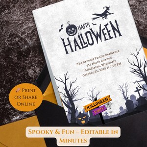 May include: A Halloween party invitation with a spooky theme. The invitation features a black and white design with a witch flying on a broom, a jack-o'-lantern, and a graveyard scene. The text reads "Happy Halloween" and includes party details.