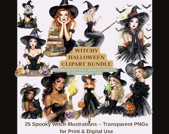 Halloween Witch Clipart Bundle: Retro Pin-Up PNG Pack (Digital Download)