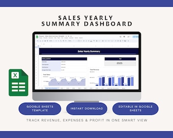 Plantilla de panel de ventas para Hojas de cálculo de Google: resumen anual de ventas, seguimiento de ingresos y gastos, hoja de cálculo de análisis empresarial