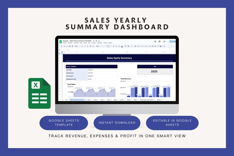 Sales Dashboard Template Google Sheets | Yearly Sales Summary, Revenue ...