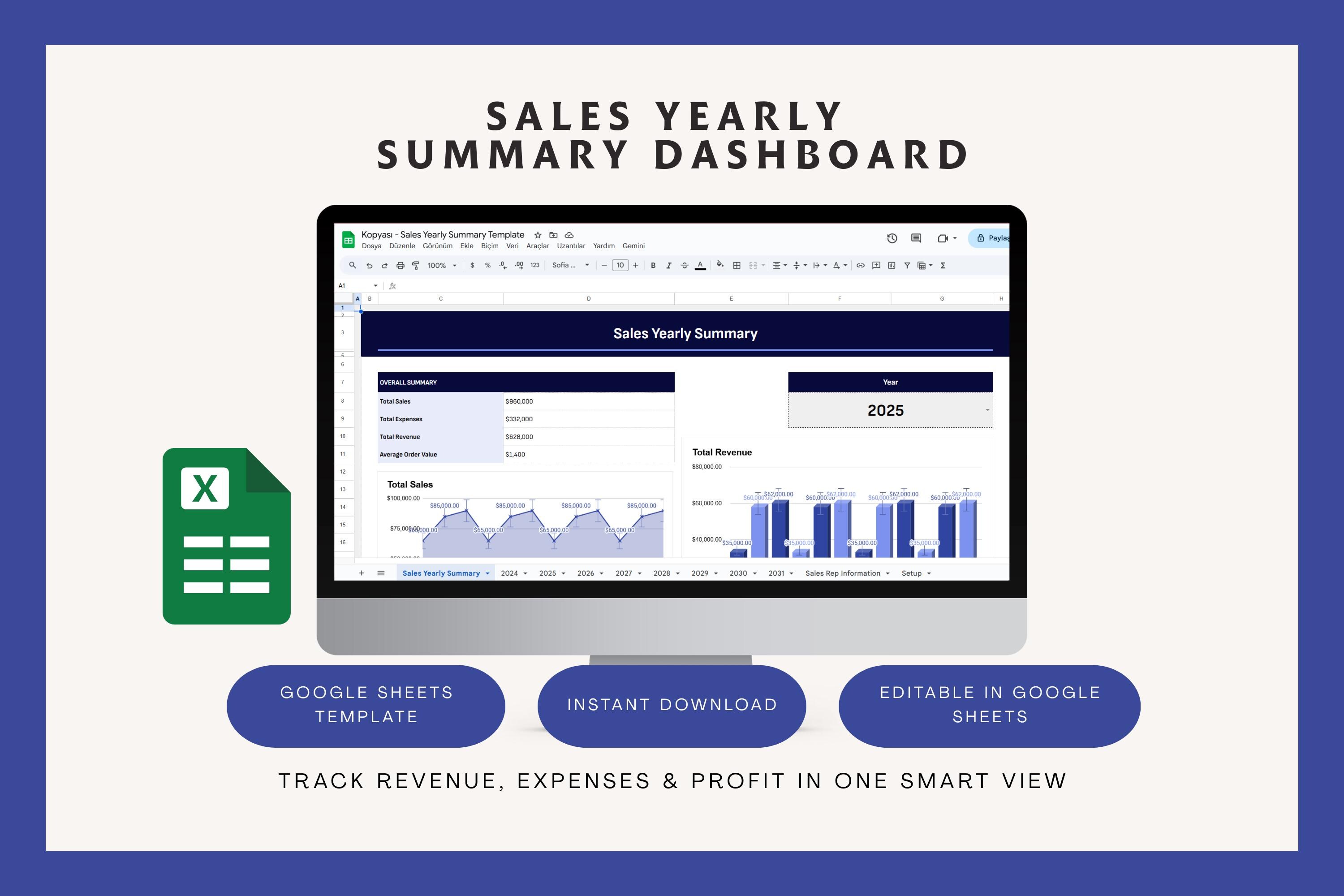 Sales Dashboard Template Google Sheets | Yearly Sales Summary, Revenue ...