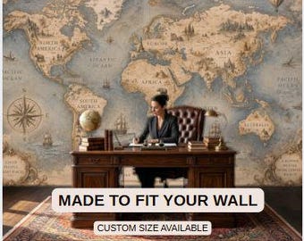 Vintage World Map Peel and Stick Wallpaper, Antique Wall Mural, Renter Friendly Decor