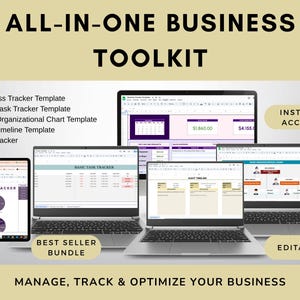 May include: An image of a business toolkit with the text "ALL-IN-ONE BUSINESS TOOLKIT". The image shows a tablet and several laptops displaying business templates, including a cost tracker, task tracker, and organizational chart. The text "BEST SELLER BUNDLE" is visible.